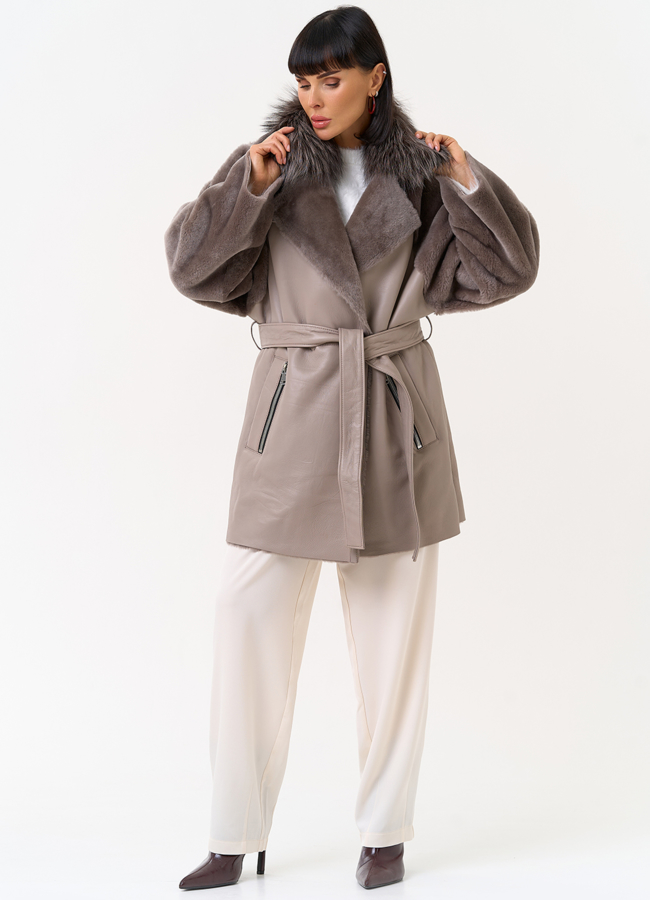 Женская натуральная дубленка с воротником из меха лисы модель № 31611 универмаг малина