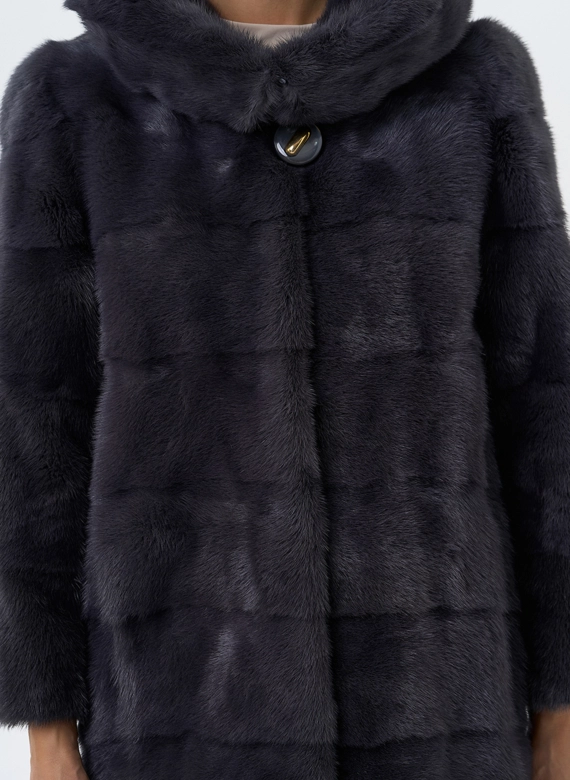 Норковая шуба в цвете графит с капюшоном 