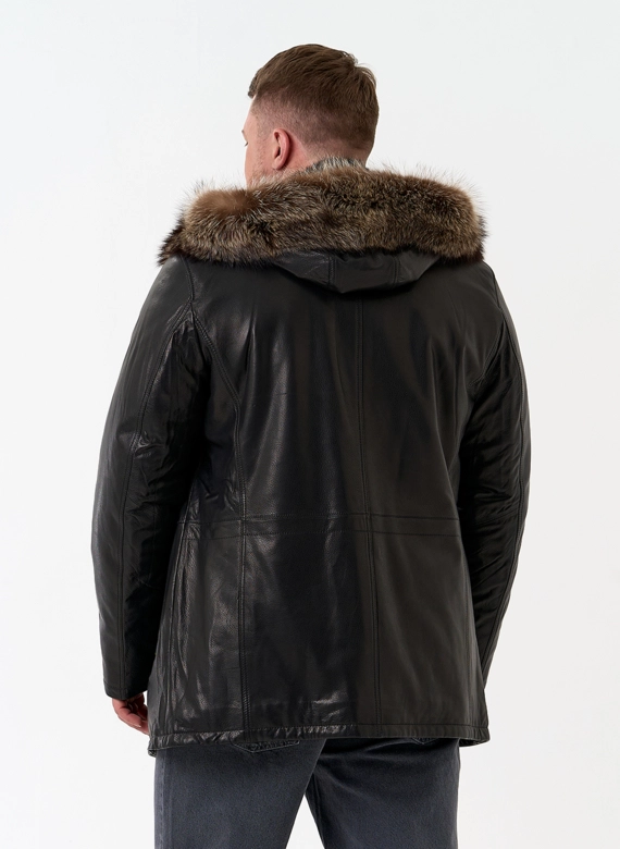 Мужская натуральная дубленка на волке с отделкой из меха енота