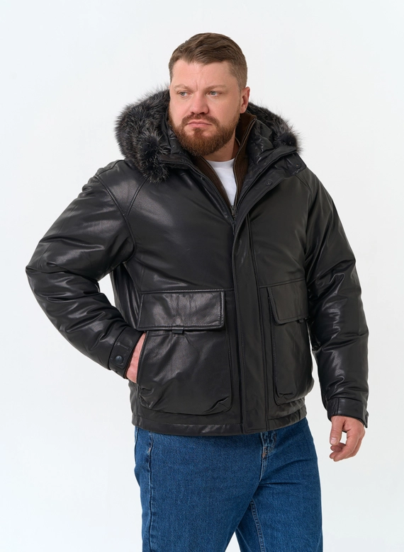 Мужской пуховик из натуральной кожи с мехом енота на капюшоне фото