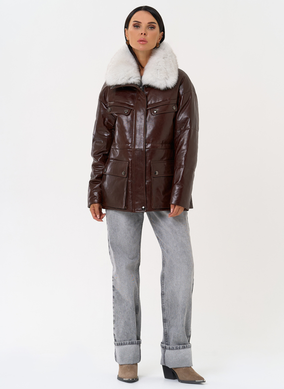 Коричневый кожаный пуховик