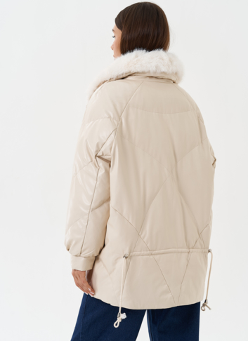 Пуховик из эко кожи с воротником из эко меха