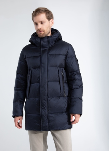 Пуховик мужской синего цвета с капюшоном 