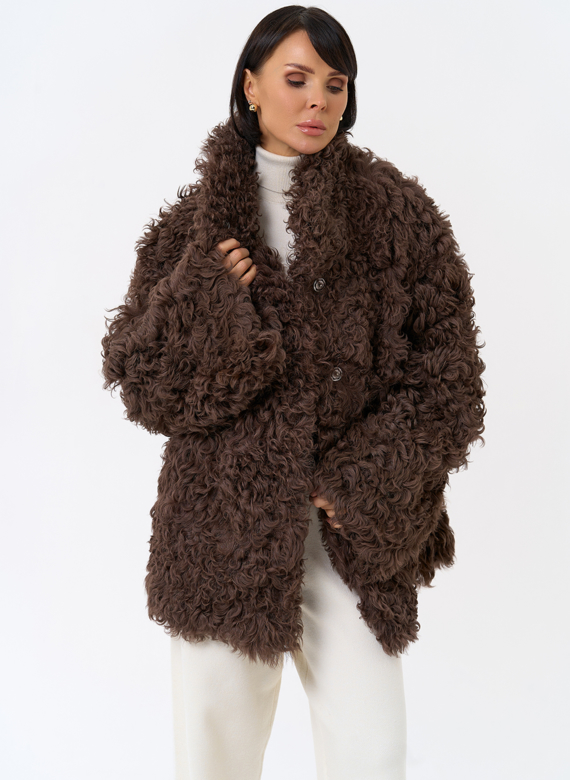 Женская двухсторонняя дубленка с воротником стойкой 