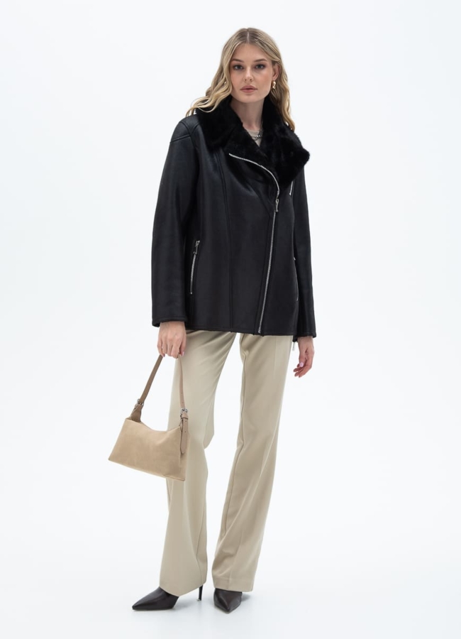 Женская дубленка из эко кожи с отделкой из эко меха модель № 32025 в кредит