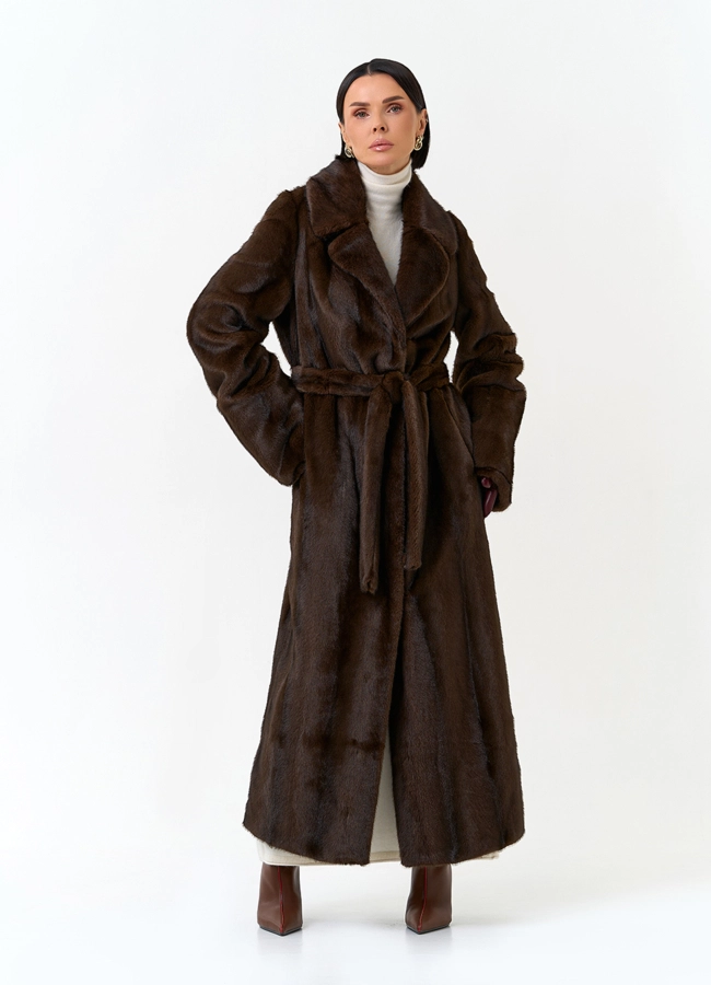 Длинная шуба из эко меха модель № 33976 меха малина фото