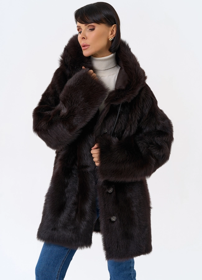 Женская двухсторонняя дубленка с капюшоном модель № 31851 универмаг малина фото