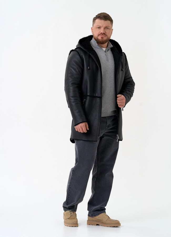 Мужская натуральная дубленка с капюшоном модель № 32060 универмаг малина