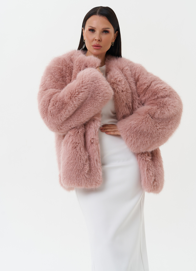 фото Шуба из эко песца в нежно-розовом цвете модель № 31264