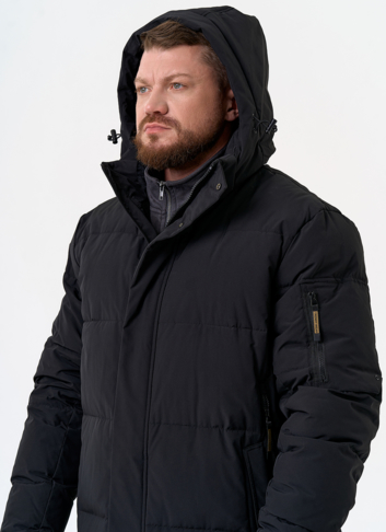 Мужской удлиненный пуховик с капюшоном