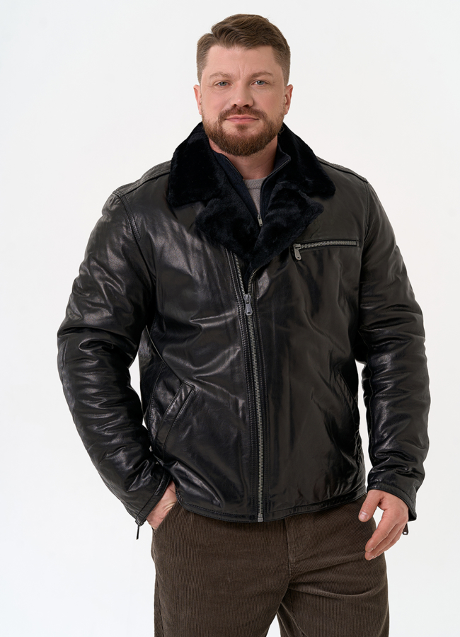 Куртка из натуральной кожи с воротником из овчины модель № 31420 меха малина