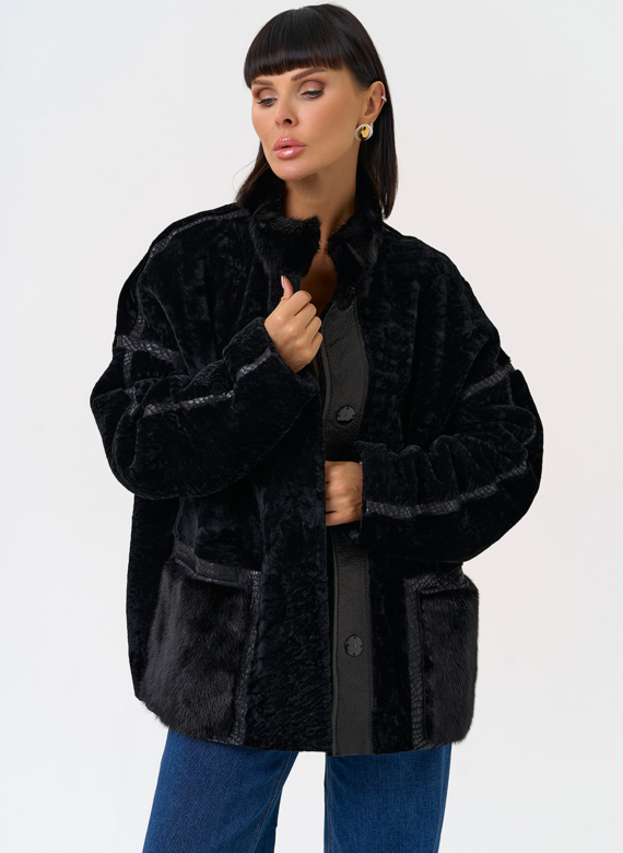 Женская двухсторонняя дубленка с воротником стойкой