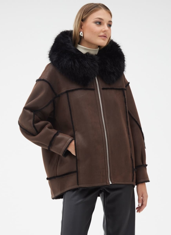 Женская дубленка из эко кожи с капюшоном