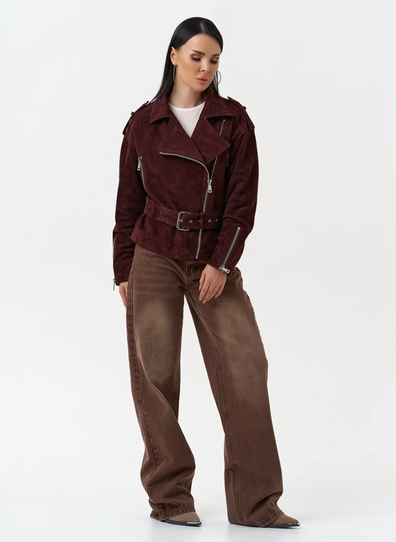 Женская куртка из натуральной замши с поясом фото