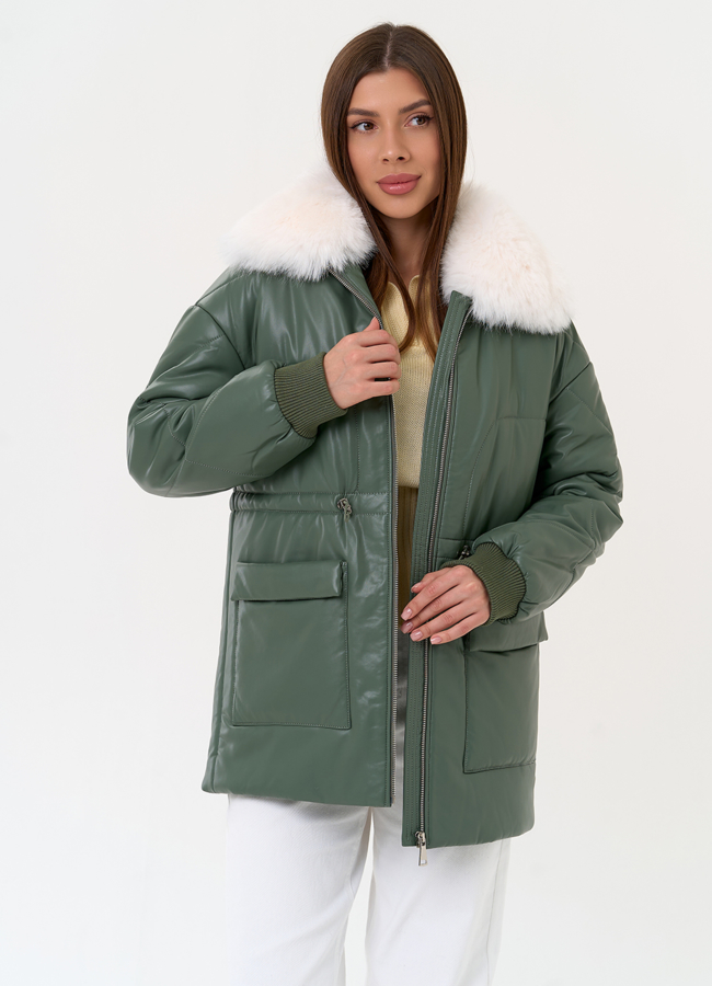 Женский пуховик из эко кожи с воротником из эко меха модель № 30723 универмаг малина