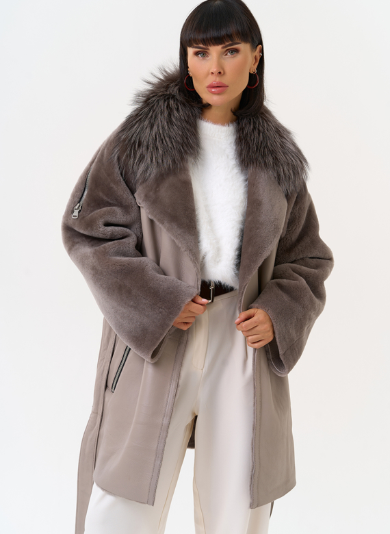 Женская натуральная дубленка с воротником из меха лисы